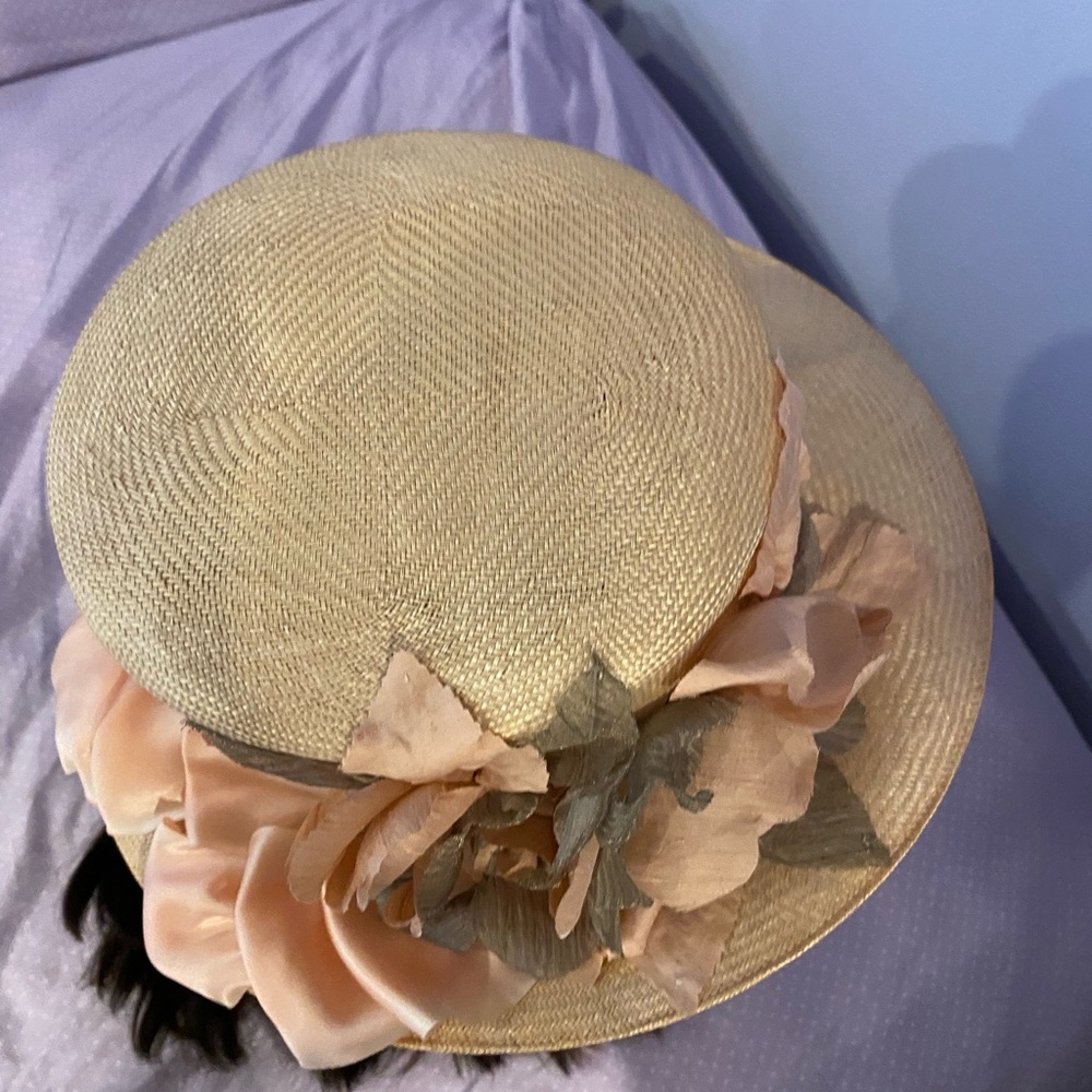Cream and Peach Floral Straw Hat with Decorative Accents